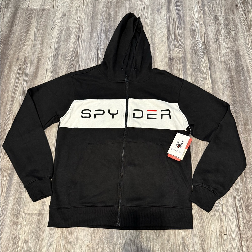 Spyder Men’s Full Zip Hoodie Sweatshirt Black White Logo Size Small NWT